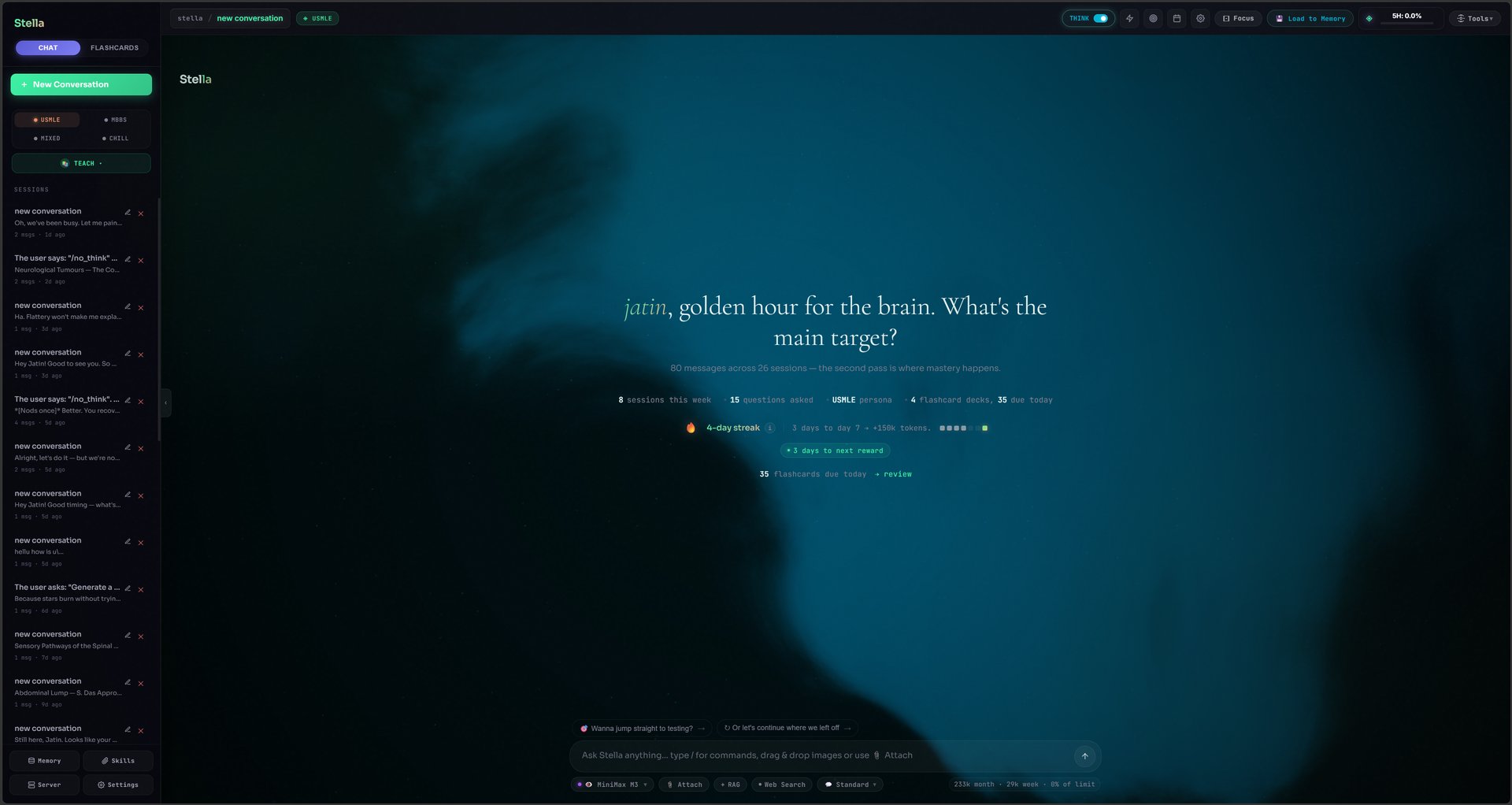 Stella app — full dashboard with persona selector, session list, and personalized greeting