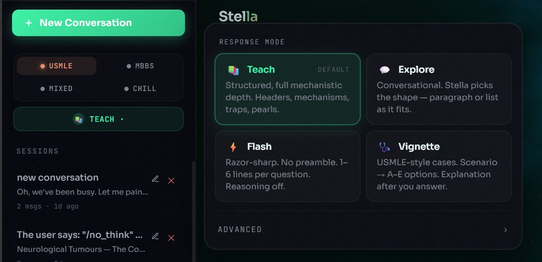 Stella's response mode selector showing Teach, Explore, Flash, and Vignette modes